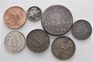 Lot 7 stk., 2 skilling 1822, 1/2 skilling 1840, 1841, 12 skilling 1852 (1+), 2 skilling 1871 m/r, 1 skilling 1870 og 1/2 skilling 1867