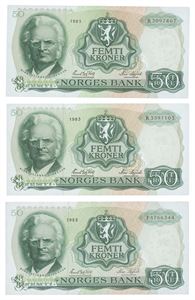 Lot 3 stk. 50 kroner 1983 P og R (2)