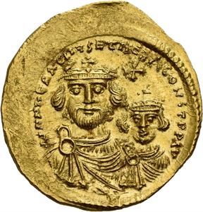 Heraclius og Heraclius Constantin 610-641, solidus, Constantinople, 613-616 e.Kr. (4,48 g). R: Kors på tre trinn