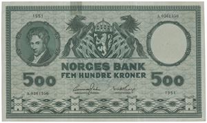 500 kroner 1951 A 0361356  Tapet rift, små blekkflekker.