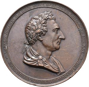 Carl XIV Johan, 25 års regjeringsjubileum 1843. Lundgren. Bronse. 60 mm. Riper og kantskader