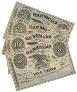 Lott 4 stk. Geo. W. Hallock, Bath, N.Y. 5, 10, 25 og 50 cents 1862. Blanketter/remainders