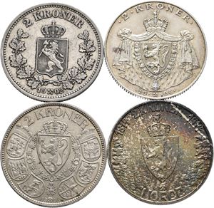 Norge, lot 4 stk. 2 kroner 1902, 1906, 1908 og 1914, jub.