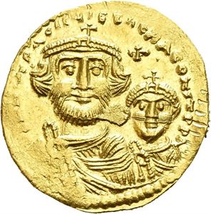 Heraclius 610-641, AV solidus, Constantinople (4,43 g). Facing busts of Heraclius (on l.) and Heraclius Constantine (on r.) , each wears chlamys and simple crown with cross/Cross potent on three steps