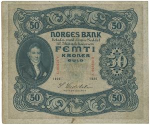 50 kroner 1926. A.8283912. RR. Liten flekk/small stain