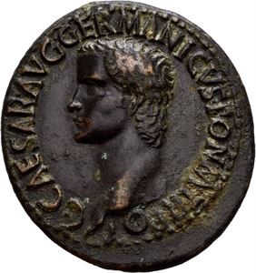 Gaius (Caligula). AD 37-41. AE As Roma AD 37-38, (10,70 g). Bare head of Gaius left / VESTA/S-C, Vesta seated left on ornamented throne, holding patera and sceptre. Minor tooling-line on forehead. Brown-green patina with some roughness and earthen deposits.