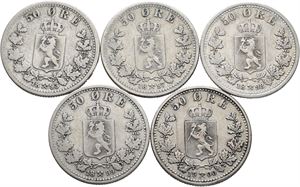 Norge, lot 5 stk. 50 øre 1893, 1897, 1898, 1899 og 1900