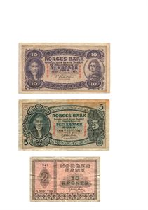 Lot 3 stk. 10 kroner 1931 R, 5 kroner 1944 V og 2 kroner 1941 A