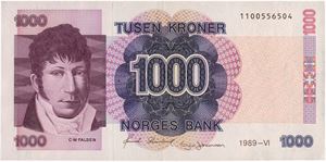 1000 kroner 1989. 1100556504. Variant, uten trykk på bakside. /missing parts of print on reverse
