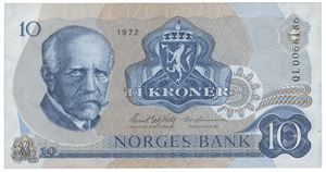 10 kroner 1972. QL0068186. Erstatningsseddel/replacement note.