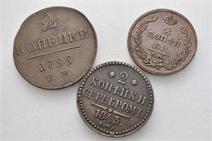 Lot 3 stk. 2 kopek 1799 EM, 1811 EM og 1843 EM