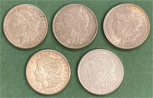 Lot 5 stk. dollar 1896, 1904 O (2), 1921 og 1921 S