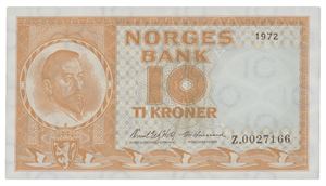 10 kroner 1972. Z0027166. Erstatningsseddel/replacement note