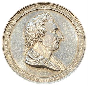 Carl XIV Johan. Kongens 25 års regjeringsjubileum 1843. Lundgren. Sølv. 60 mm