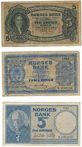 Lot 3 stk. 5 kroner 1943 V, 1953 K og 1962 K