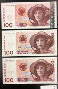 Lot 3 stk. 100 kroner 1995, 1999 og 2003
