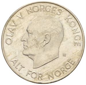 5 kroner 1963. Prøvemynt/pattern. (29,5 mm 11,05 g). RRR.. Preget på liten blankett med randskrift med B, bølgelinjer og Kongsbergs merke. Se artikkel av Carsten Svarstad NNUM 1965 s.153 ff. Type IV nr.19, 20 eller 30. Ex. Bruun Rasmussen nr.844 5/11-2013 nr.5337