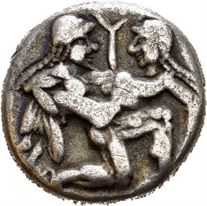 ISLANDS off THRACE, Thasos. 525-463 BC. AR stater (8,54 g). Nude Silenos/satyr in kneeling position right, carrying off a protesting nymph / Quadripartite incuse square. Very minor porosity. Nicely toned.