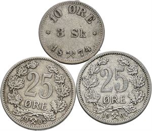 Norge, lot 3 stk. 25 øre 1902 og 1904 samt 10 øre/3 skilling 1874