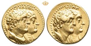 PTOLEMAIC KINGS of EGYPT. Ptolemy II Philadelphos, with Arsinöe II, Ptolemy I, and Berenike I. 285-246 BC. AV half-mnaieion (tetradrachm) (13,81 g)