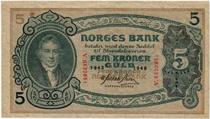 5 kroner 1943. V6532851. Rustflekk/spot of rust