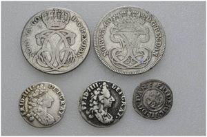 Lot 5 stk. 24 skilling 1736, 1762, 8 skilling 1710, 1713 og 1 skilling 1651