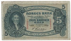 5 kroner 1934 N 2368203.  Skitten, strøket?