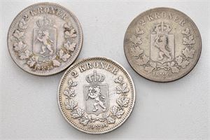 Lott 3 stk. 2 kroner; 1878, 1890 og 1904