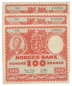 Lott 3 stk. 100 kroner 1960 H, 1961 H og 1962 I