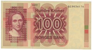 100 kroner 1977. QL0034176. Erstatningsseddel/replacement note