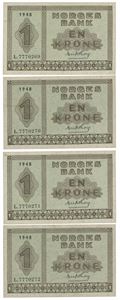1 krone 1948. L.7770269-72. 4 stk. i nummerrekkefølge.
