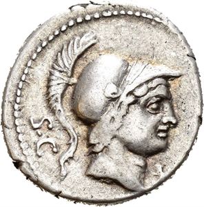 L. Rustius. 76 f.Kr. AR denarius (3,93 g), Roma. Advers: Hode av unge Mars, iført hjelm, mot høyre. Revers: Vær stående mot høyre.