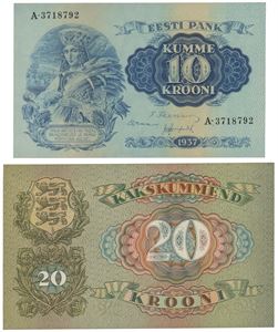 Lot 4 pcs. 100 krooni 1935, 50 krooni 1929, 20 krooni 1932 and 10 krooni 1937.