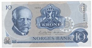 10 kroner 1972. QU0068668. Erstatningsseddel/replacement note