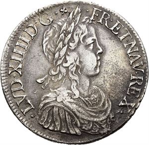 Ludvig XIV, ecu 1648 N. Blankettfeil og svakt korrodert/planchet defect and slightly corroded