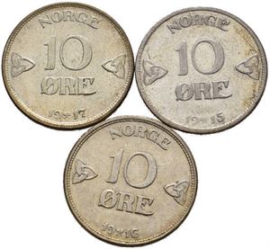 Lot med 3 stk 10 øre sølv 1915-1917