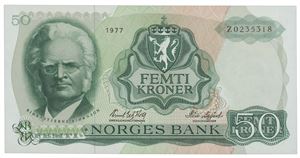 50 kroner 1977. Z0235318. Erstatningsseddel.