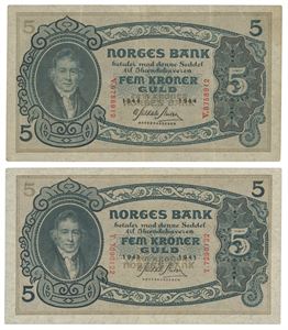 Lot 2 stk. 5 kroner 1941 T og 1944 V