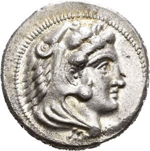 Makedonia, Alexander den store 336-323 f.Kr., tetradrachme, Byblos (17,12 g). Hode av Herakles mot høyre kledd i løveskinn/Zeus sittende mot venstre