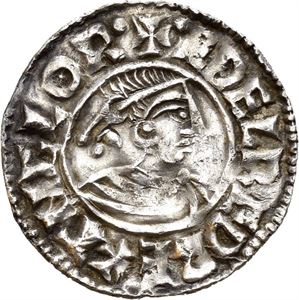 Aethelred II 978-1016, penny small cross type, Canterbury, myntmester Godman (1,31 g). Testmerker og svakt buklet/test cuts and slightly creased