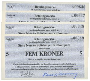 5 kroner 1978. Serie SS. Nr. 00646-00649. 4 stk. i nummerrekkefølge