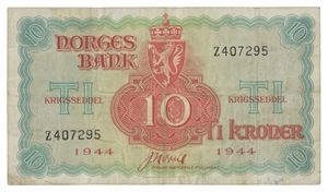 10 kroner London 1944. Z407295. Skitten/dirty