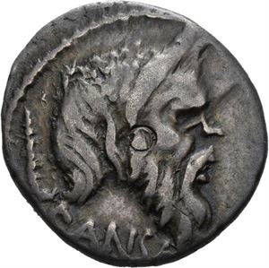 C. Vibius C. F. C. N. Pansa 48 f.Kr., denarius. Hode av Pan mot høyre/Jupiter sittende mot venstre