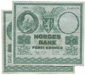 Lot 2 stk. 50 kroner 1961 E og 1964 E