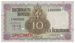 10 kroner London 1942. L000000. Specimen. RRR. Påført markeringer/added marks