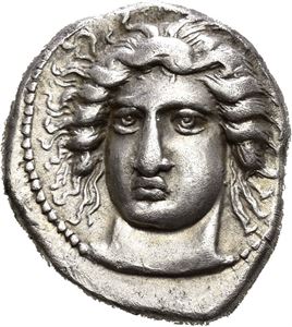 Thessalia, Larissa, 400-380 f.Kr., drachme (6,10 g). Hode av nymfen Larissa trekvart mot venstre/Hest stående mot høyre