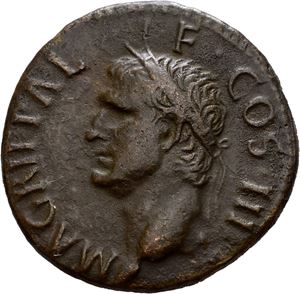 Agrippa. Died AD 12. AE as, Roma AD 31-47, (10,80 g). Minted under Caligula (AD 31-47). Head of Agrippa to left, wearing rostral crown / S - C, Nude Neptune standing, head left, holding dolphin and trident. Corrosion on the reverse. Brown patina.