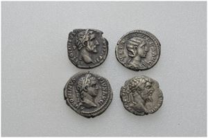 Lot 4 stk. denarer, Antoninus Pius, Septimius Severus, Caracalla og Julia Mamaea
