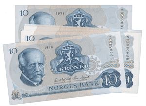 10 kroner 1978. HP0085651-60. Erstatningssedler, 10 stk.