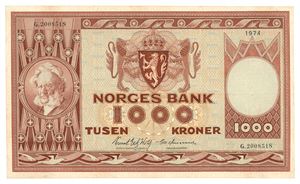 1000 kroner 1974. G2008518. Erstatningsseddel/replacement note